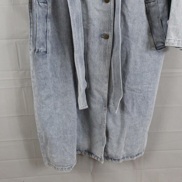 Belle Bloom Jacket Large Trench Skies Stylish Light Blue Denim Coat Belted Chic - Picture 8 of 16
